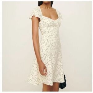 NWT Reformation Flutter Sleeve Polka Dot Flare Dress Black Cream Women's Size 10